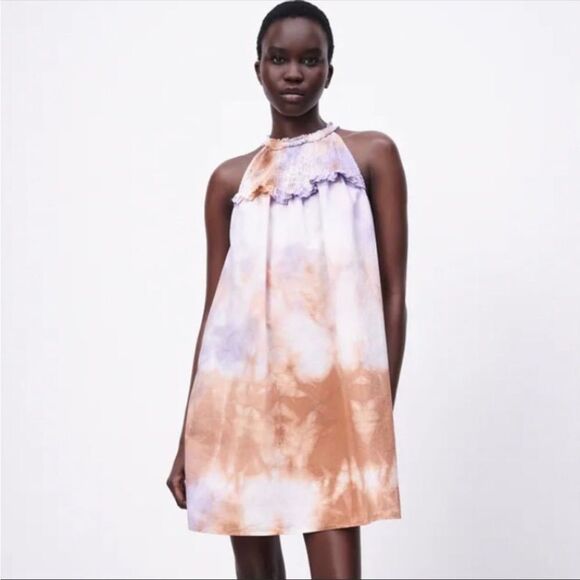 ZARA | Tie Dye Mini Dress Halter Neck Ruffle Detail Purple Brown Women’s Size S - Picture 1 of 11